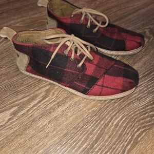 Toms Red and Black Plaid Loafers